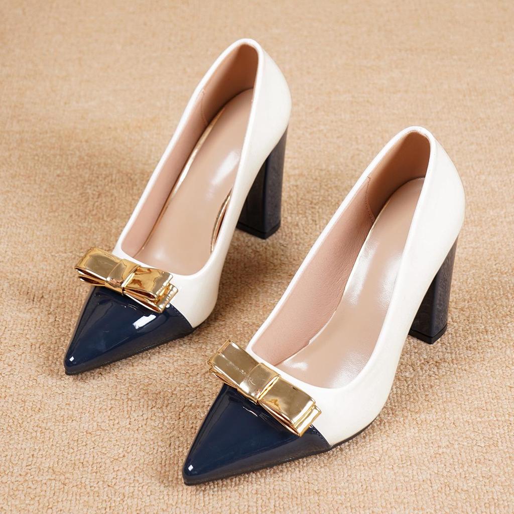 European & American Women's Chunky Heel Bow High Heels - Patent Leather, Pointed Toe, Plus Size
