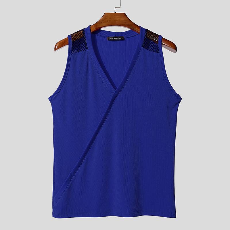 

INCERUN Summer Men V Neck Front Cross Solid Hollow Patchwork Casual Rib Tank Tops 4XL синий