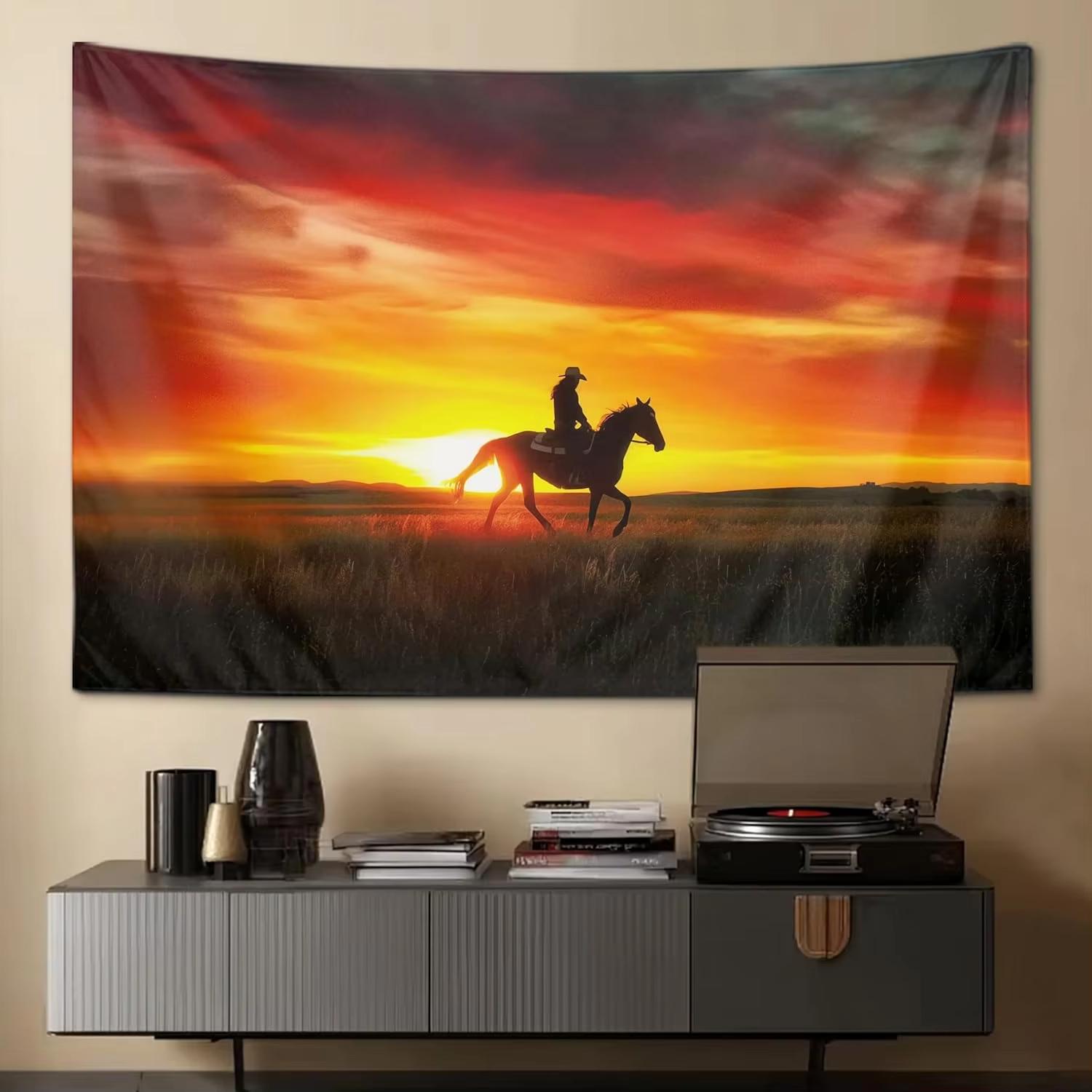 

Motivational Cowboy Horse Sunset LandscapeTapestry Large Wall Art Backdrop Flag Wall Hanging Decor for Living Room Bedr 74x94cm(29x37in)