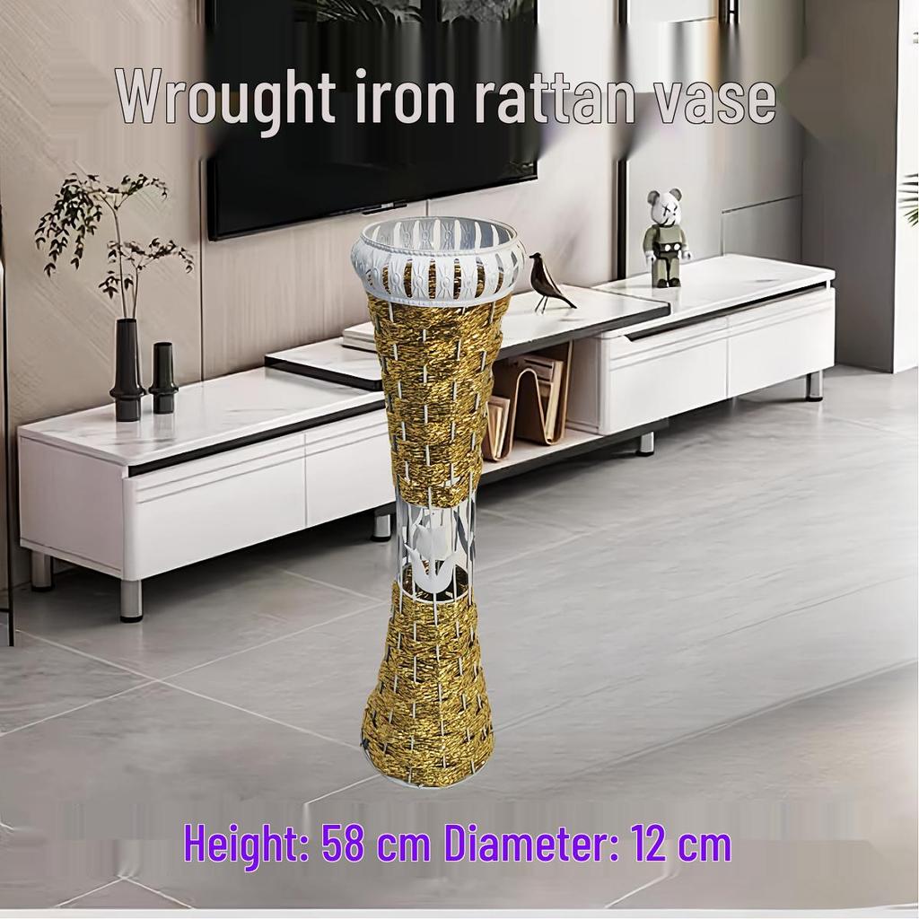 Nordic Large Resin Rattan Vase for Dried Flowers - Ceramic Look, Iron Art Floor Decoration.