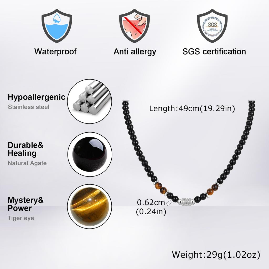 Boho Natural Tiger Eye Stone Beaded Necklaces for Men Stainless Steel OT Buckle Collar Necklace Trendy Vintage Jewelry Gift