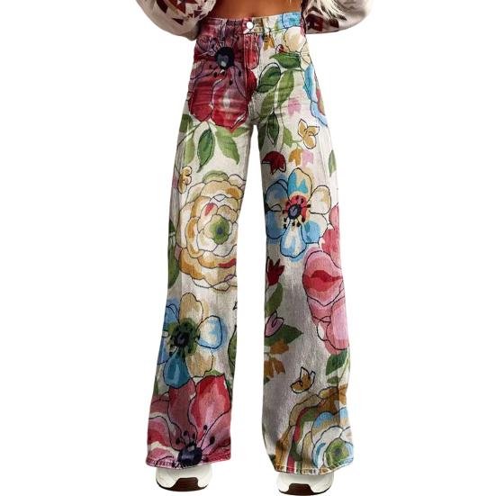 Kvinnor Retro Casual Byxor Medelhöga knappar Dragkedja Fly Bred Ben Långa byxor med fickor Digital Blommig