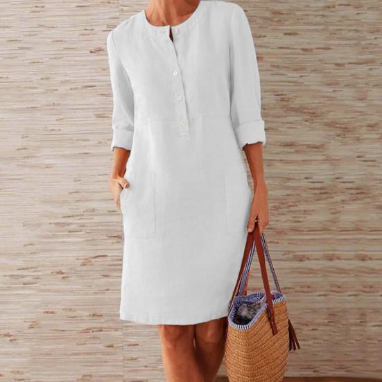 Casual Women Loose Solid Color Buttons Cotton Linen Long Sleeve Midi Dress