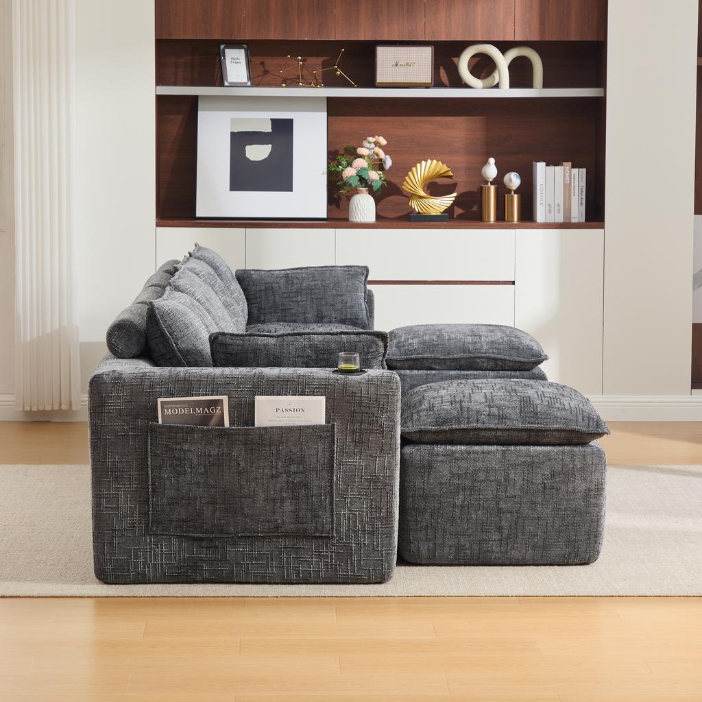 Modular 4-Seater Sofa (2 Footstools), Cushion, Cup Holder, 2 Side Pockets, Foam/Spring Core. Freely Combinable(gray Chenille Fabric)