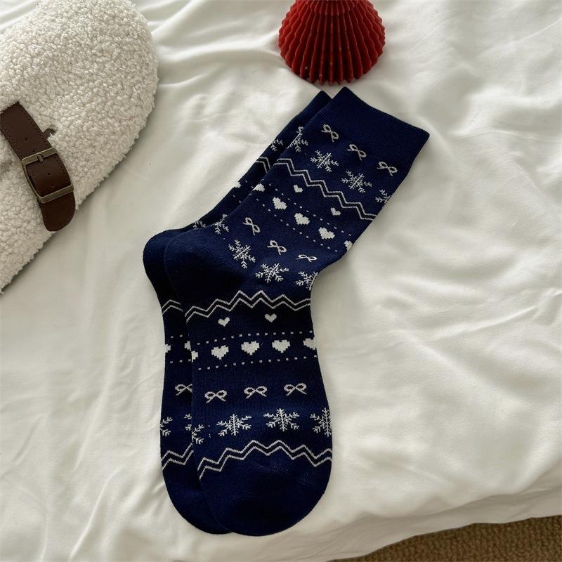 

Бесшовные носки из чистого хлопка для женщин, средней длины, в форме банта и сердечка, махровые носки, ретро-рождественские 1 pair темно-синий