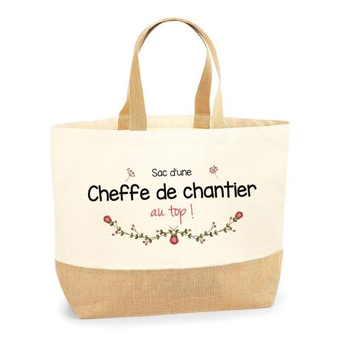 Tote bag - PLANETEE - Sac Jute «Cheffe de chantier au top» - jute naturel - porté épaule - Fabriqué en France