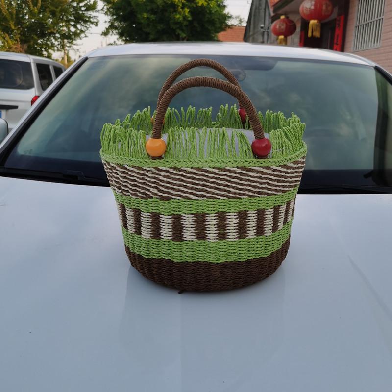 2023 Handmade Woven Straw Bucket Bag: Cute Picnic Basket with Tassel and Wood Bead Decoration