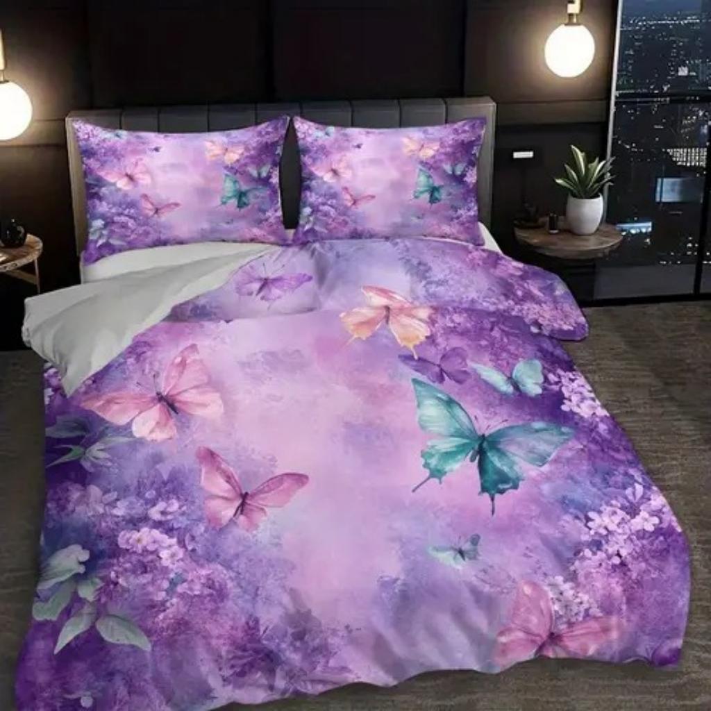 Luksusowa poszewka na kołdrę z fioletowym wzorem kwiatowym, rozmiar Queen King, drukowana cyfrowo 3D, pościel, miękka i wygodna, zestaw 3-częściowy