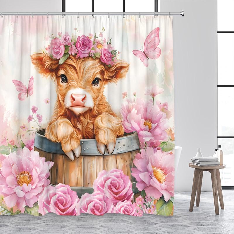 Funny Bathing Highland Cattle Shower Curtains Brown Farm Animal Cow Old Newspaper Fabric Bathroom Bath Curtain Decor With Hooks