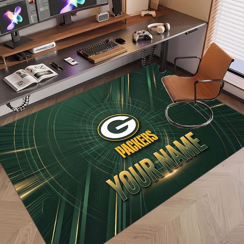 Custom Rug Green Bay Packers Pattern Print Name Text Soft Non‑Slip Floor Carpet for Home Indoor Decoration
