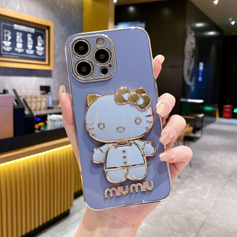 Applicable To Apple 17KT Cat Makeup Mirror Mobile Phone Case iPhone16Pro Bracket 15 Electroplating 14 Fashion Soft