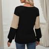 Women's Loose V-Neck Long Sleeve Colorblock T-Shirt Button Long Sleeve
