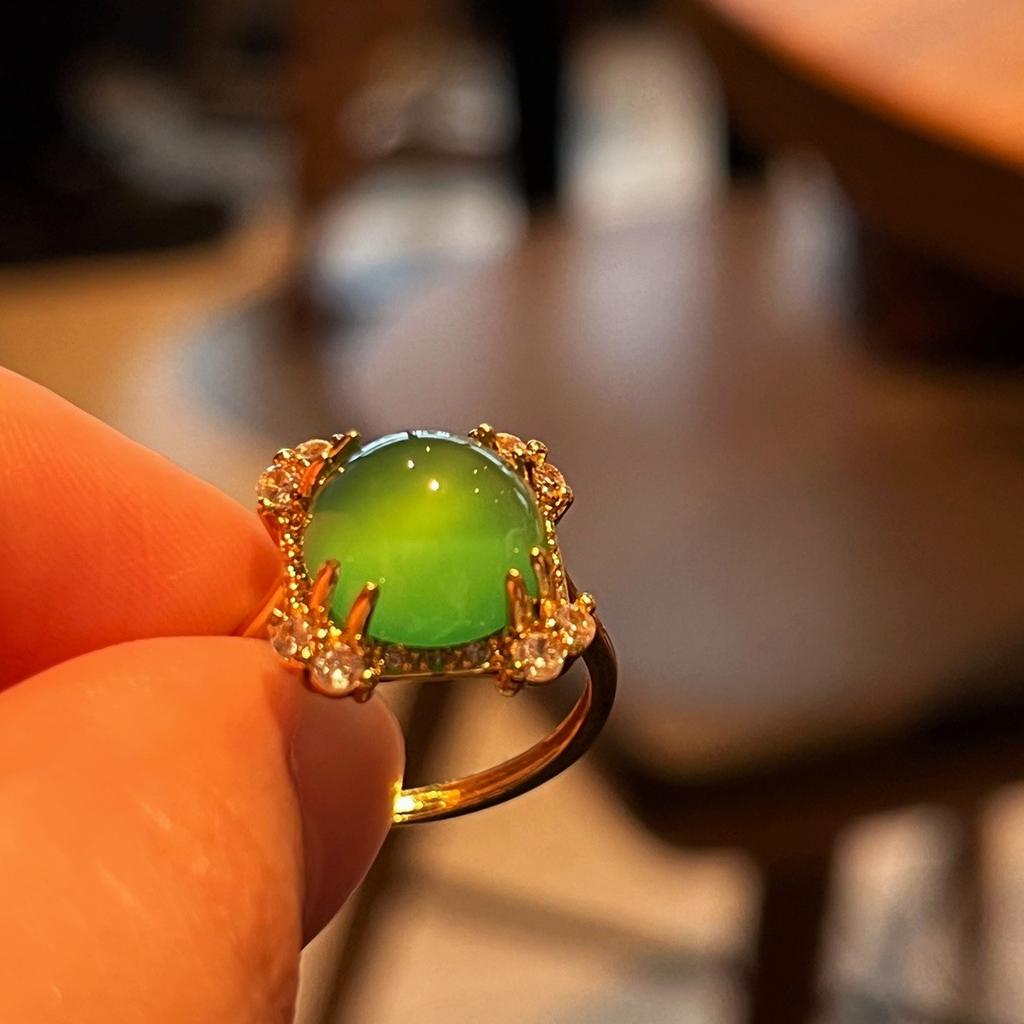 Full Of Green Yang Green Natural Agate Chrysoprase Ring Female Opening Micro-Inlay Real Shot Fidelity