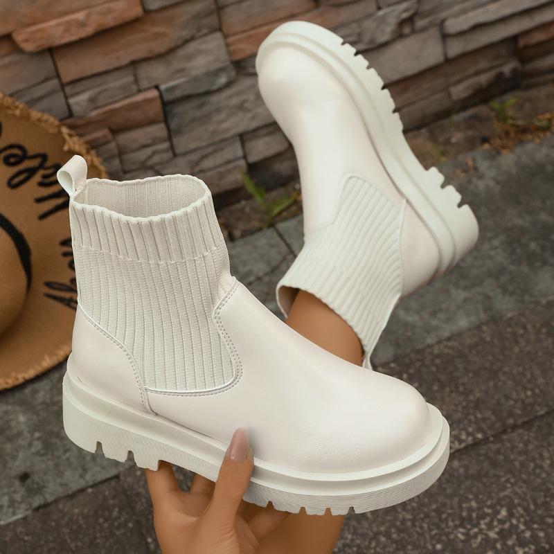 Fashion Fashion Round Toe Spliced Stretch Cloth Platform Anti-Slip and Wear-Resistant Women's Autumn Sock Boots