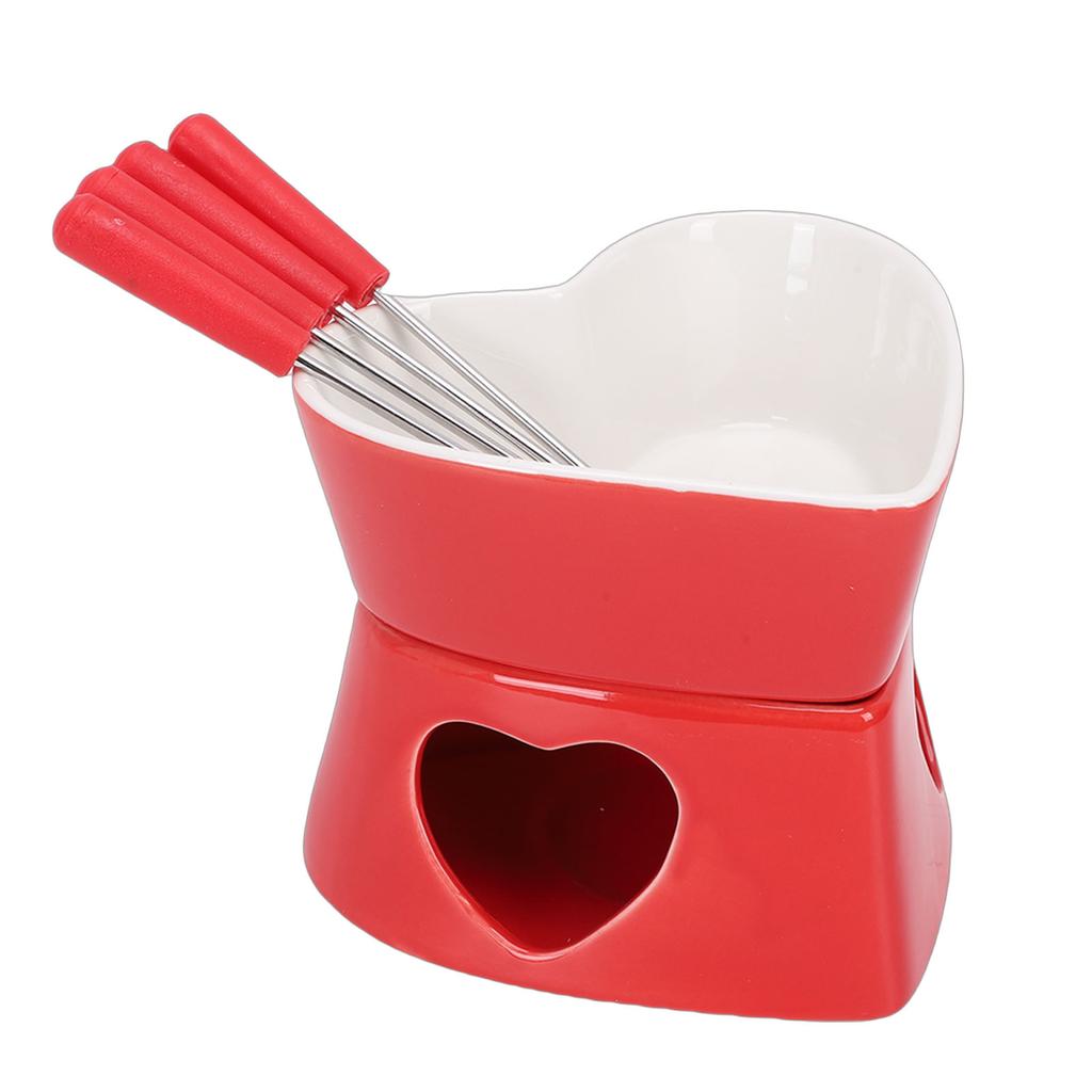 Heart Shaped Chocolate Fondue Mug Set Ceramic Sweet Fondue Cup with Forks and Candle Red White 350ml