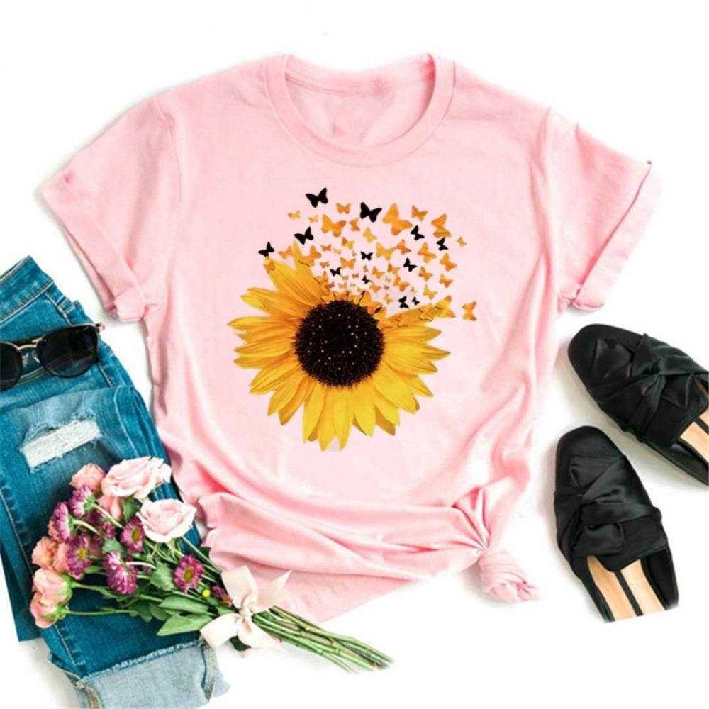 Fjäril Solros Stil Trend Damkläder Mode Grafisk T-shirt Sommar Casual Kortärmad Kvinnlig Basic T-shirts Toppar