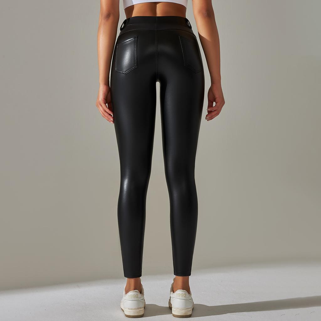 Pantaloni din piele PU de buzunar Tummy Tuck Pantaloni de yoga cu talie înaltă Niners din plastic