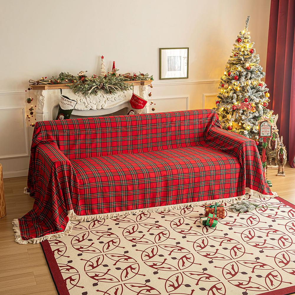 New Christmas Plaid Sofa Throw - Retro Non-Slip Couch Cover, Multi-Purpose Blanket for Home & Vacation Rentals Festive Sofa Cover