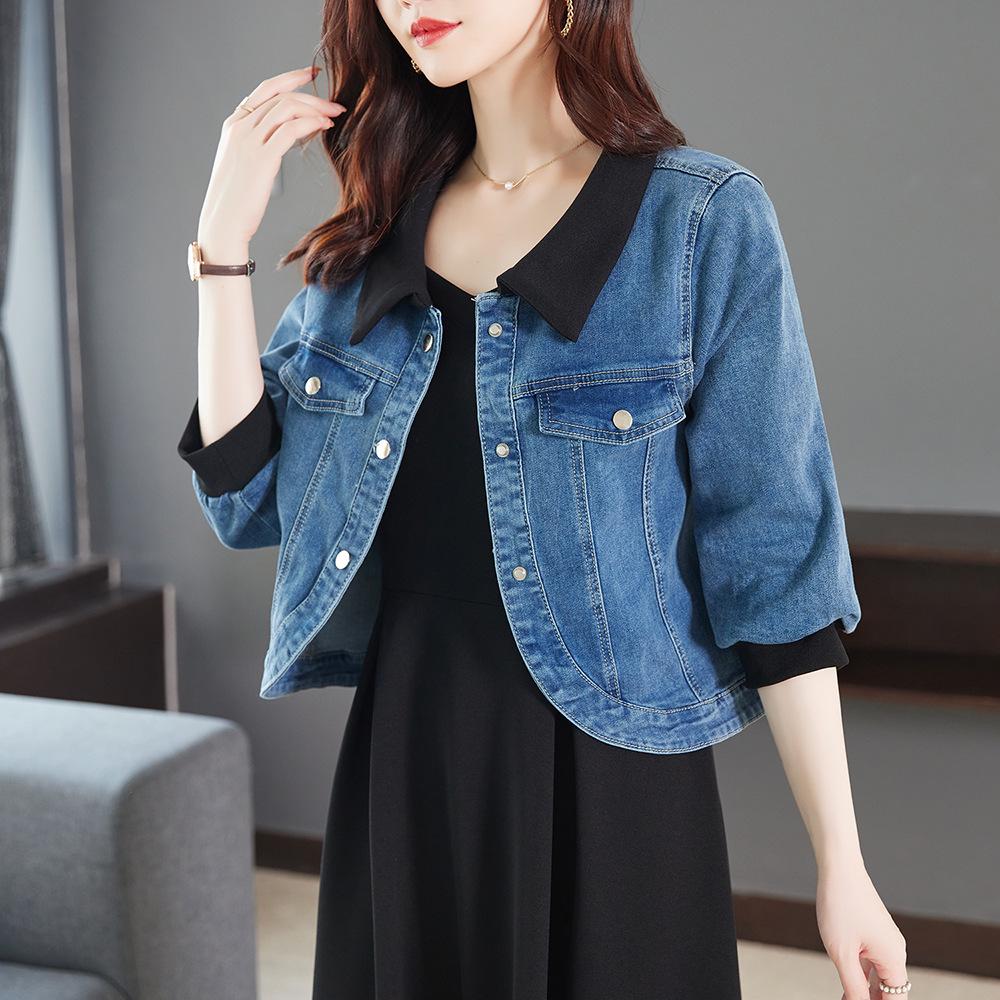New Spring/Autumn Women's Plus-Size Denim Jacket with Three-Quarter Sleeves - Slim Fit, Light Luxury Fashion for Curvy Figures