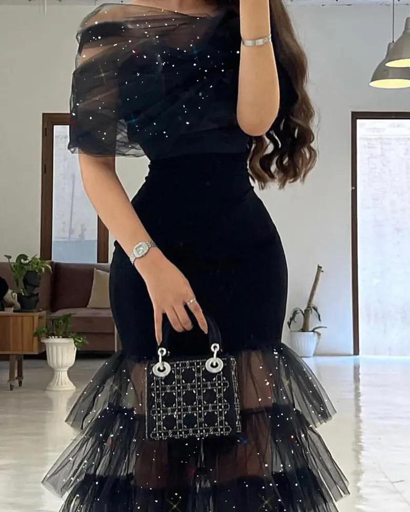 2024 Black Mesh Sequin Midi Skirt Dress