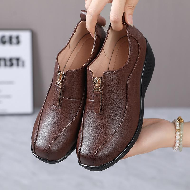 Fashion GKTINOO 2025 Autumn New Deep Mouth Real Leather Wedges Women's Shoes Soft Round Toe Front Zipper Women Mother Shoes Plus Size