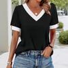 Women's V Neck Color Block Short Sleeve T Shirt Button Decor Casual Summer Tee