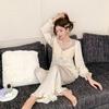 Pajamas women's long-sleeved trousers spring and summer ice silk suit princess lace high-end lady V collar loungewear