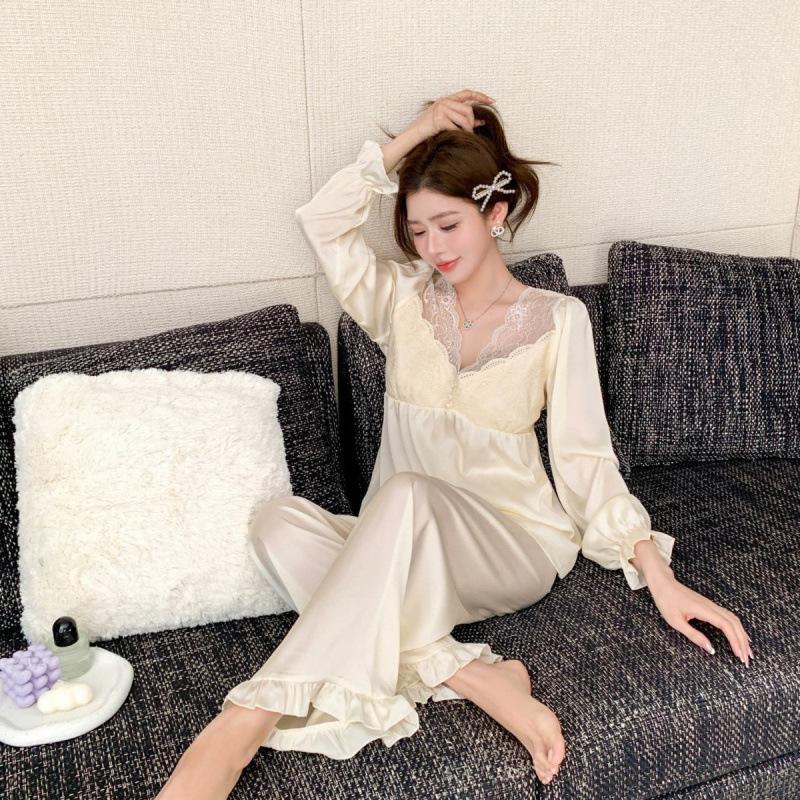 Pajamas women's long-sleeved trousers spring and summer ice silk suit princess lace high-end lady V collar loungewear