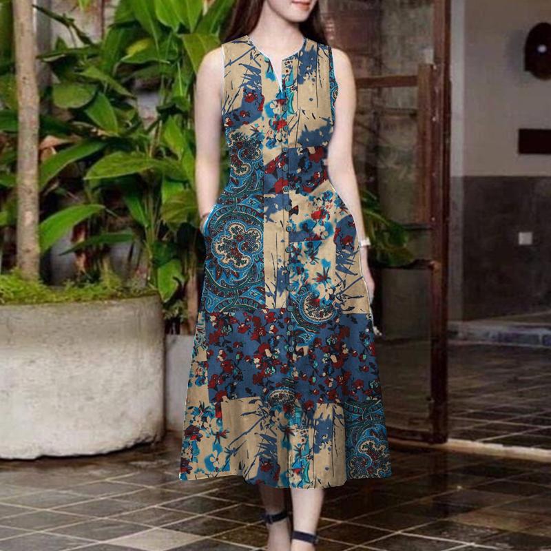 

ZANZEA Women Casual V-Neck Loose Sleeveless Print Cotton Dress 3XL синий