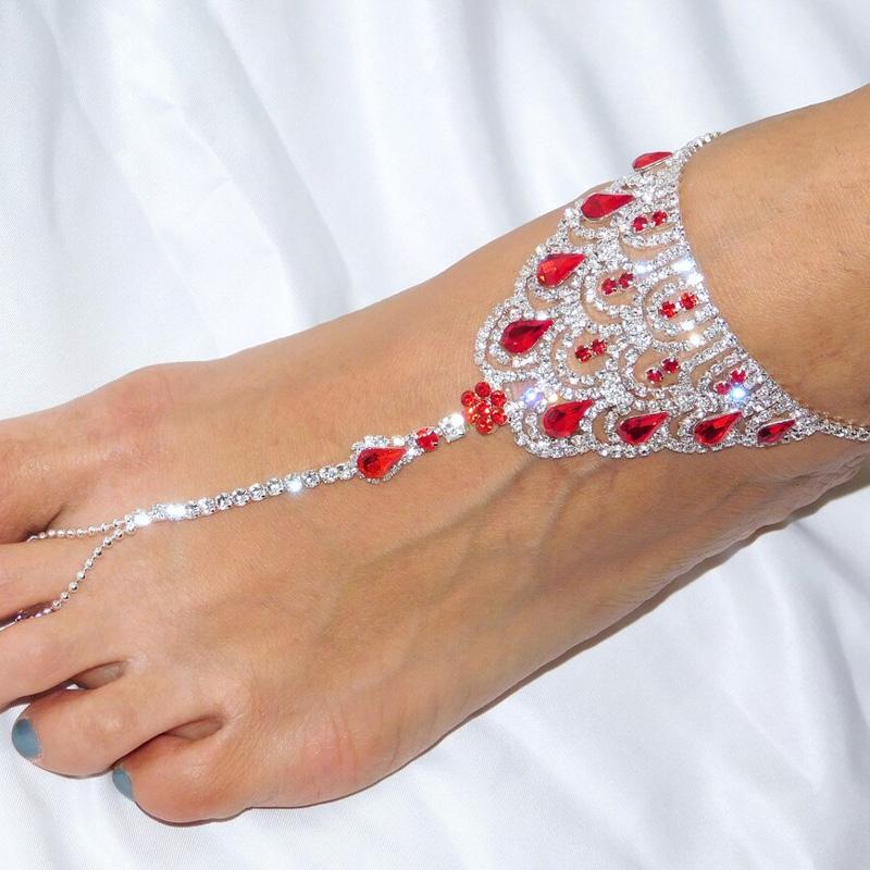Ruby Red Crystal Anklet Rhinestone Foot Chain for Women Boho Rhinestone Finger Toe Anklet Barefoot Sandal Foot Jewelry