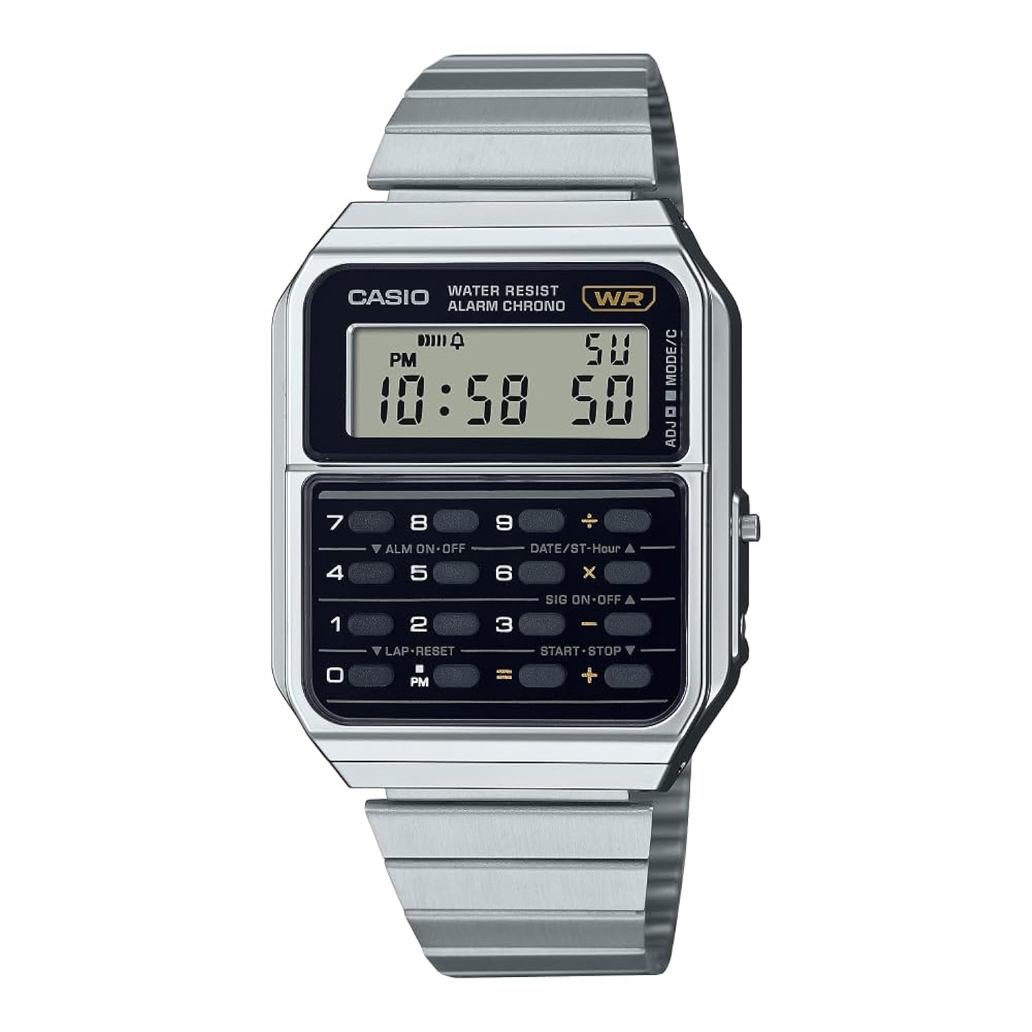 Casio CA500WE-1A Calculator Watch Silver Strap Unisex Large Black Dial 43.2×34.4×8.2mm Classic
