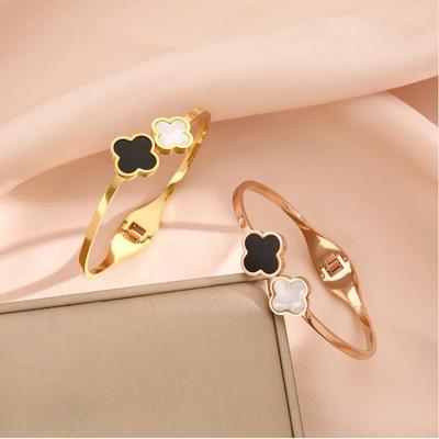MM Lucky Four Leaves Clover Titanium Steel Bracelet for Elegant Women Girls Fashion Black White Shell Jewelry Christmas Gift