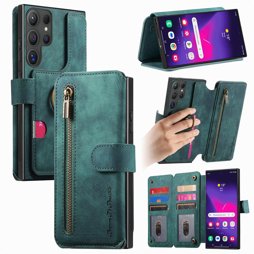 Dragkedja Kortfack Plånbok Läder Ringhållare Plånboksfodral För Samsung Galaxy S25 Ultra S24 Plus S23 A16 A06 A55 A35 A15 Flipfodral
