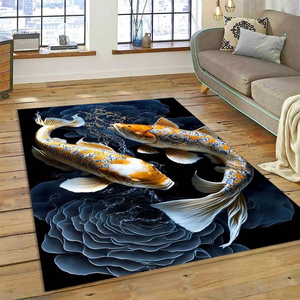 שטיח מצויר דגי קוי יין יאנג טבעיים לבית, לסלון, לחדר השינה, לספה, שטיחון כניסה, קישוט, שטיח אזור לילדים, מחצלת מונעת החלקה