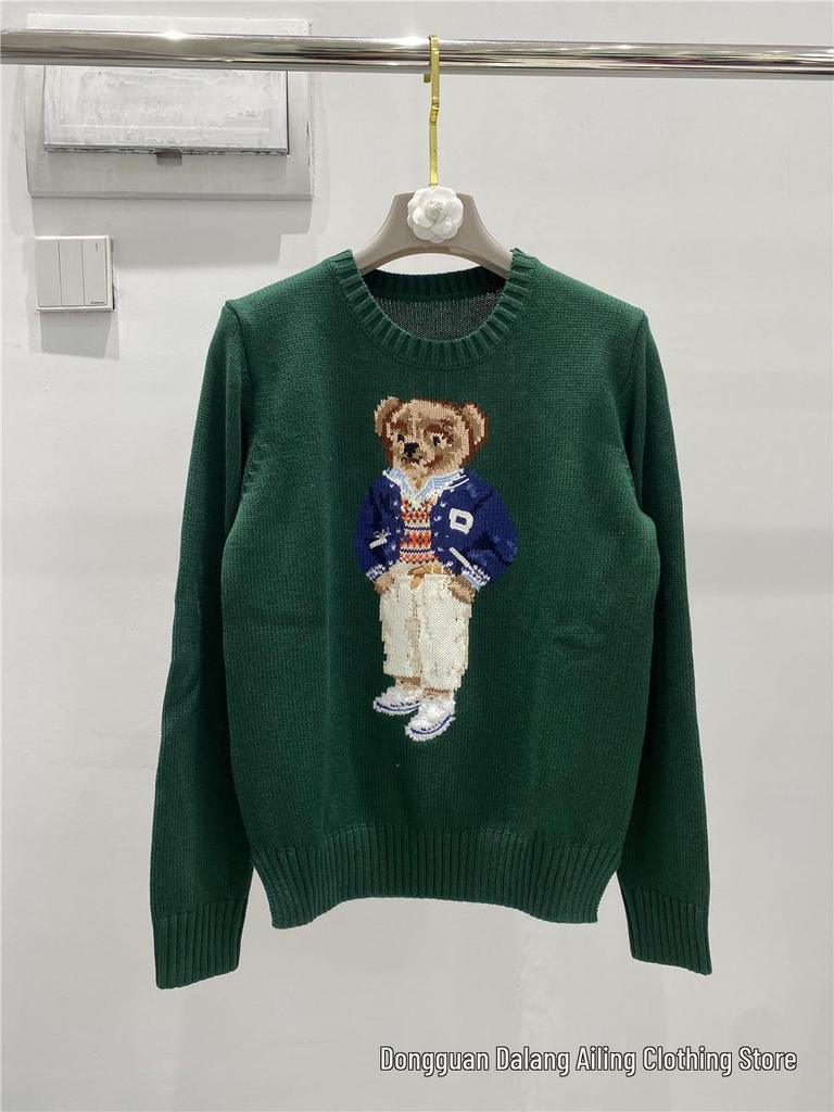 Cartoon Bear Embroidered Jacquard Knit Sweater - Women's Long Sleeve Round Neck