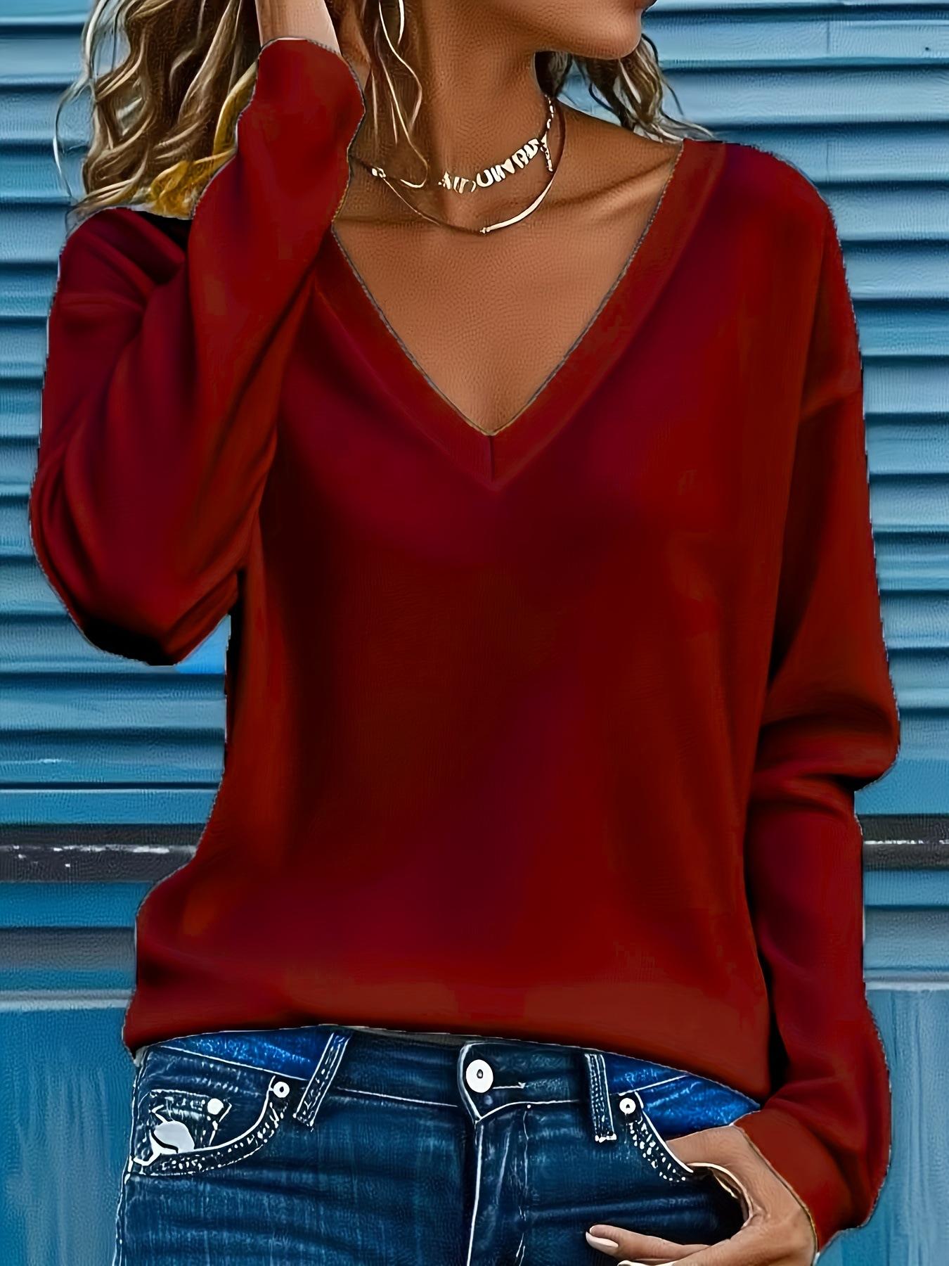 

women s Solid Color V Neck Loose Fit Long Sleeve Casual Pullover T Shirt Basic Blouse Top 5XL бордовий