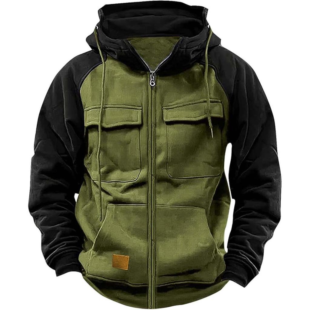 Men's Fashionable Long Sleeve Hooded Loose Sweatshirt Sports Multi Pocket Jacket