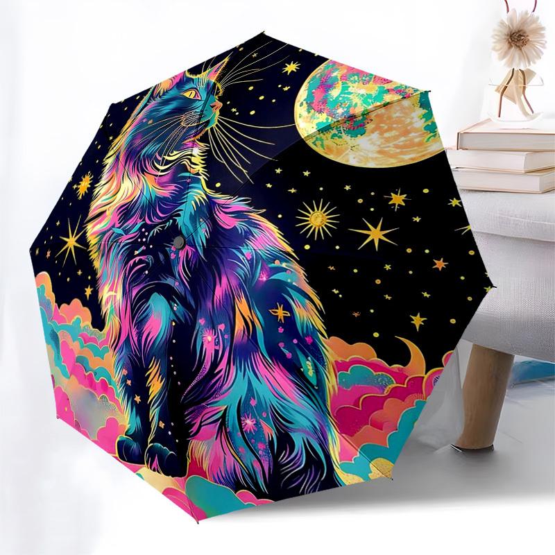 

1pc Colorful Cosmic Cat Automatic Folding Umbrella - Portable 3-Fold Design with 8-Bone Iron Frame, Perfect for Outdoor Use, Festive Gifts, Travel, Da