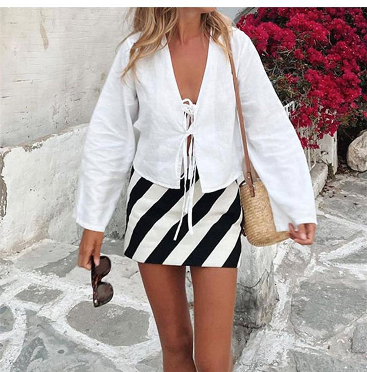 Women's Deep V-neck Flared Sleeve Tied Top Linen Lace Up Long Sleeve for Women Fashion Chic Casual Loose V Neck Shirt