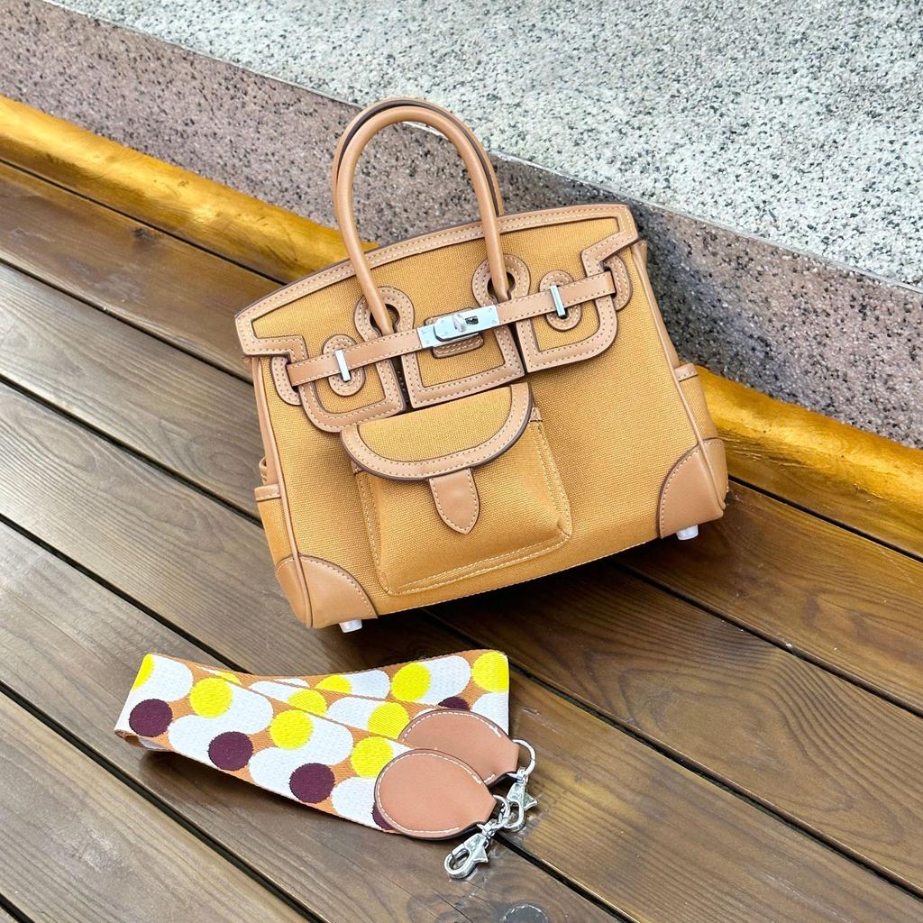 2025 Haute Couture Cargo Birkin Canvas Patchwork Women's Small Handbag with Wide Shoulder Strap