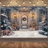 1 Christmas background with snow porch flower wreath gift box and snow covered tree no power required winter scene