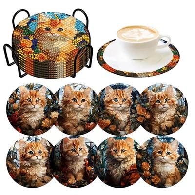 8 Pièces/set de Sous-verres Motif Chat Peints Diamant, Sous-verres DIY avec Support, Convient aux Débutants et aux Adultes, Fournitures d'Art et d'Artisanat Cadeaux