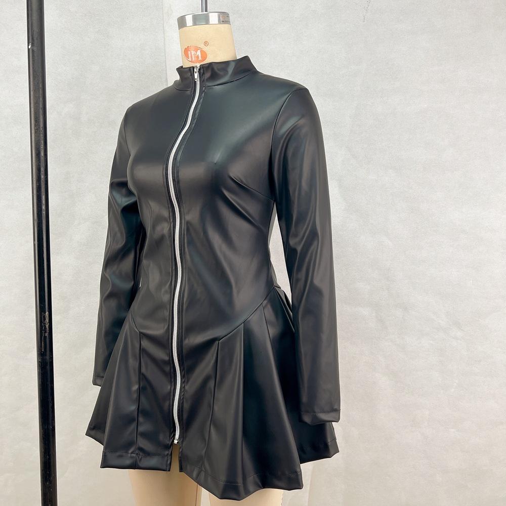 Women's Slim Long Sleeve Pleated Zip Casual Dresses