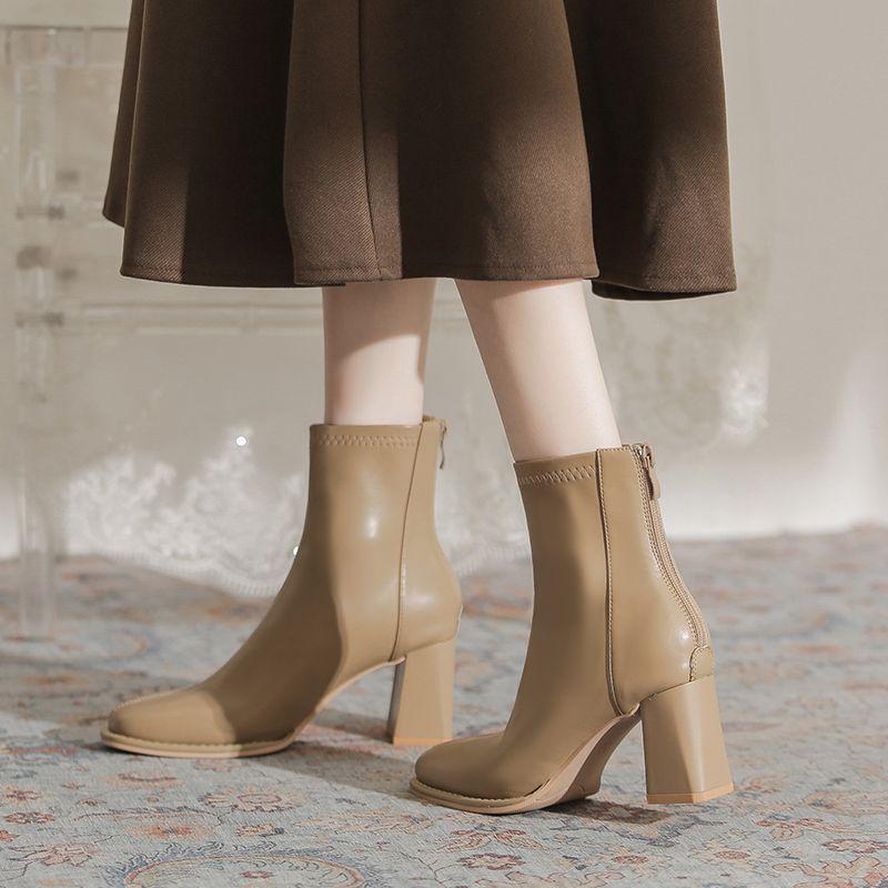 White thick-heeled short boots for women 2025 new autumn and winter mid-heeled square-headed French high-heeled shoes elastic medium tube thin boot