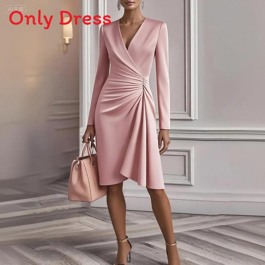 Elegante Vestito a Maniche Lunghe da Donna con Scollo a V e Design Spliced per l'Ufficio