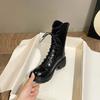 Autumn New Style Women's Boots Lace Up Mid Follow Round Head Fang Hei Rubber Wear-resistant Sole  Platform Shoes Outdoor Leisure
