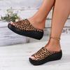 Women's Leopard Print Wedge Sandals - Stylish Slip-On Platform with Black Rubber Sole, Open Toe Design for Summer Outdoor Wear, Ladies Sandals