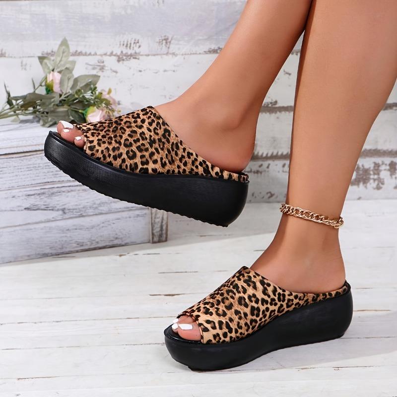 Women's Leopard Print Wedge Sandals - Stylish Slip-On Platform with Black Rubber Sole, Open Toe Design for Summer Outdoor Wear, Ladies Sandals