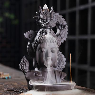 Grande bruciatore di incenso a riflusso di fumo Xianglong, piattaforma per incenso a riflusso Guanyin con statua del Buddha da interno, bruciatore di incenso decorativo con incenso di sabbia viola