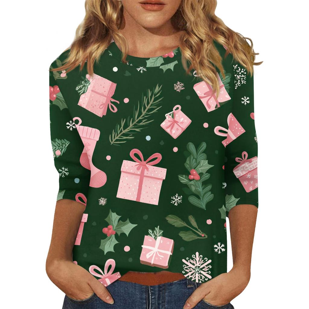 Women's O-Neck 3/4 Sleeve Christmas Print Top